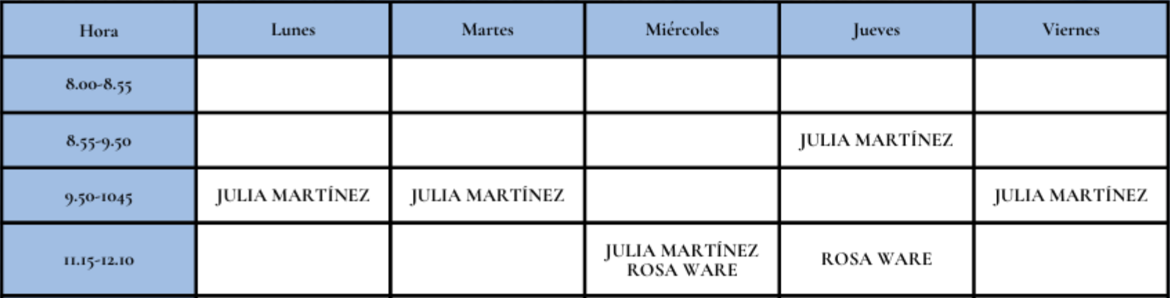 Lunes, Martes, Viernes, 9:50. Miércoles, 11:15. Jueves, 8:55 y 11:15.