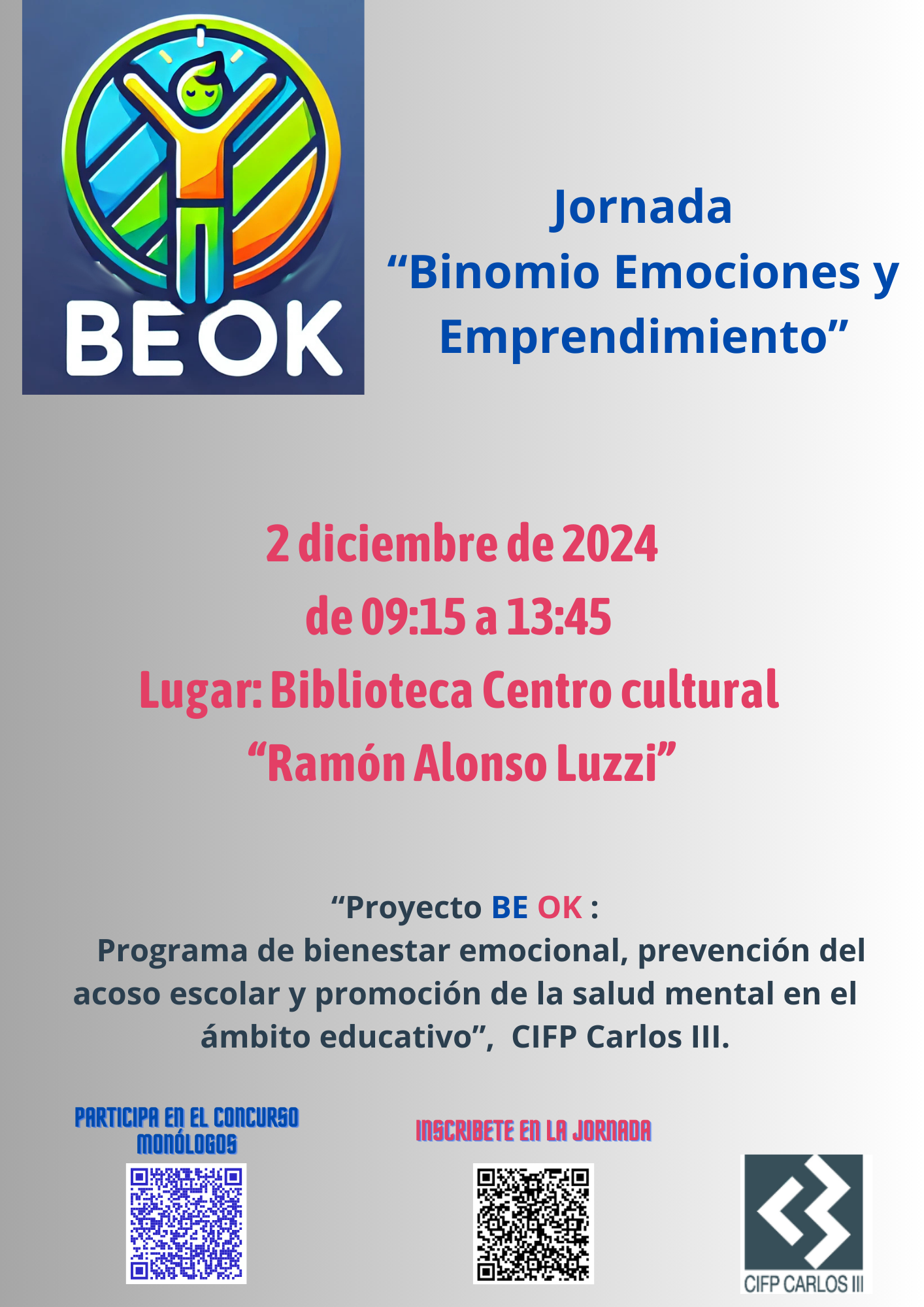 Jornada Binomio Emociones y Emprendimiento. ¿Emociones, emprendimiento y empleabilidad? ¿Cómo es eso? Lo desvelamos el 2 de diciembre a las 9:15 h. en la biblioteca centro cultural Ramón Alonso Luzzy de Cartagena 