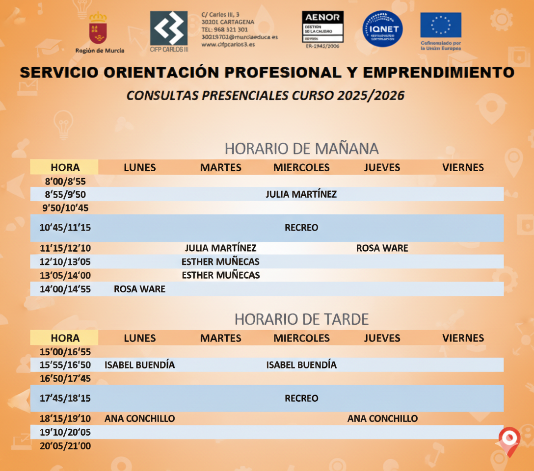 Julia Martínez: Martes 11:15, Miércoles 8:55; Esther Muñecas Martes 12:10, Martes 13:05; Rosa Ware: Lunes 14:00, Jueves 11:15; Isabel Buendía Lunes 15:55, Miércoles 15:55; Ana Conchillo Lunes 18:15, Jueves 18:15