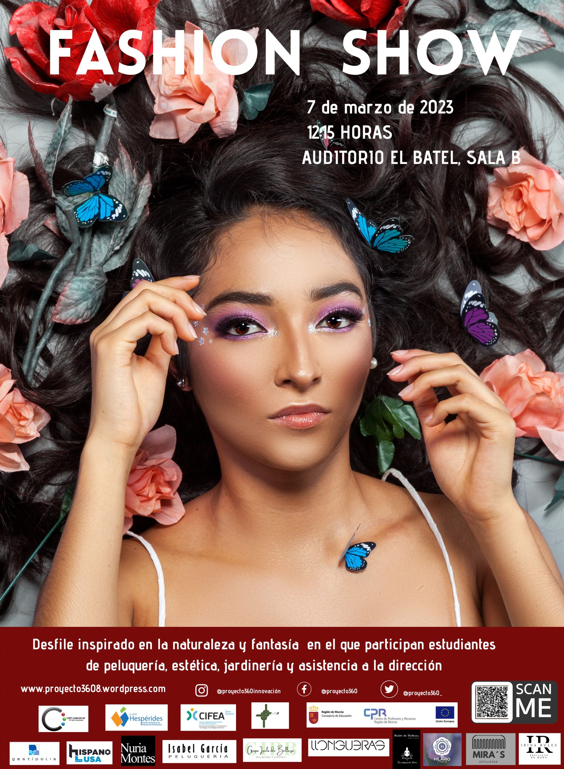Cartel del proyecto: chica maquillada rodeada de mariposas y rosas