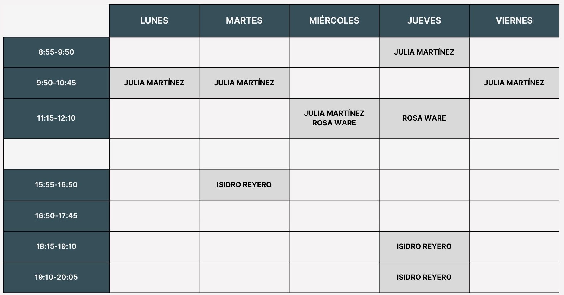 lunes 9:50, martes 9:50 y 15:55, miércoles 11:15, jueves 8:55, 11:15, 18:15 y 19:00, viernes 9:50